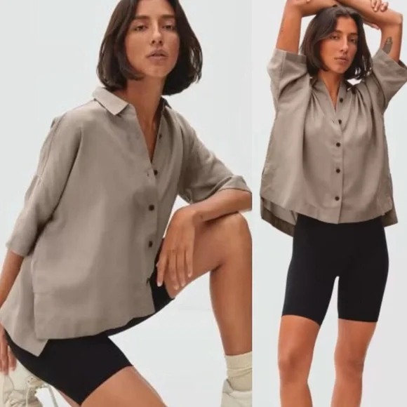 Everlane Drapey Square Shirt Burnt Sugar Tan Taupe Tencel Lyocell Boxy Small - Picture 1 of 9